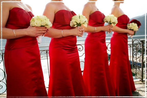  a lovely contrast between bouquets and beautiful cherry red dress