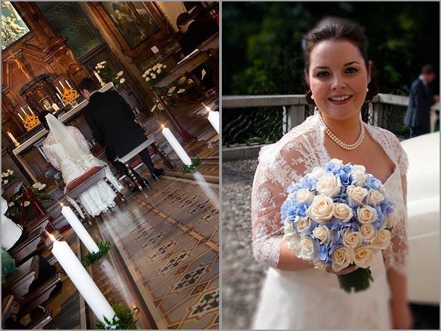  in floral arrangements and bridal bouquet created with light blue 