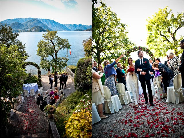 Outdoor ceremony was dominated by an impressive red and cream arch 