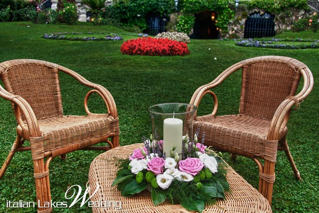 Lina and Borja's wedding - July 2010 Garden furniture floral decoration for the aperitif in the big lawn at Villa Rusconi Photo by Italian Lakes Wedding