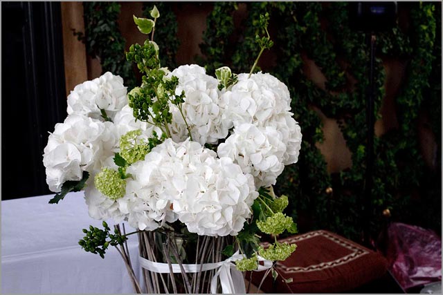 white hydrangea, wedding ceremony flowers at Villa Balbianello